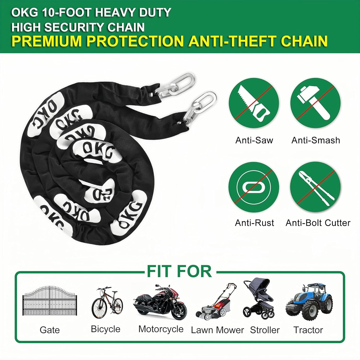 Heavy Duty Security Chain, 10ft x 5/16in (8mm) Thick, Anti-Theft & Cut-Proof …