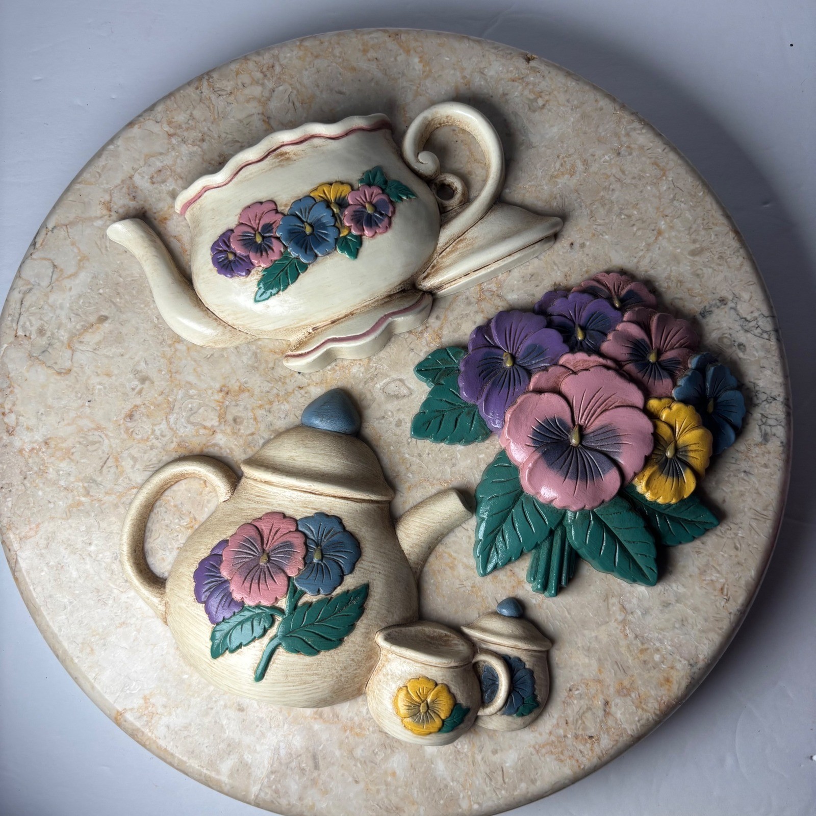 Home Interiors Vintage Teapot Pansy Wall Art Set 3pc Cream Floral 1995 USA