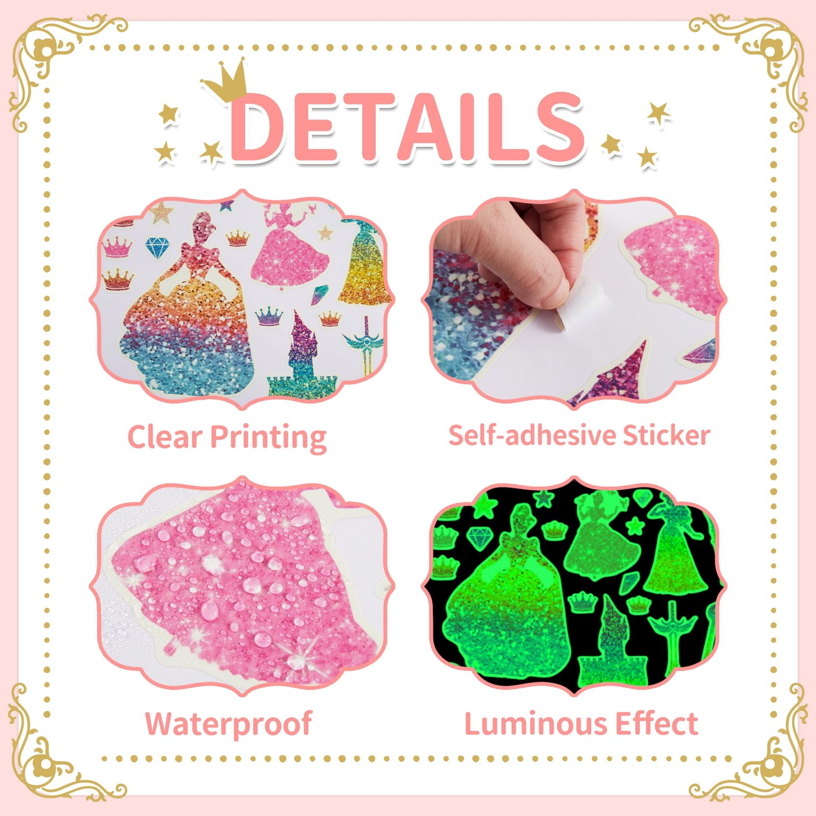 Glow in The Dark Princess and Crown Wall Decals, Glitter Stars Stickers for B…