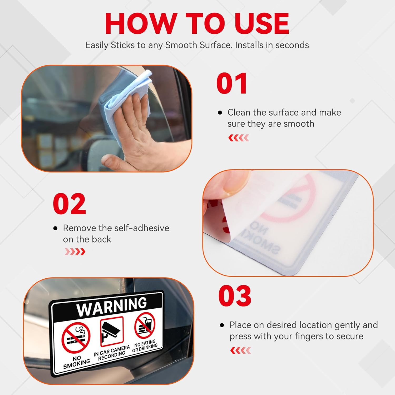 8 PCS No Smoking/No Eating/Car Camera Recording in This Vechicle Sign Sticker, W