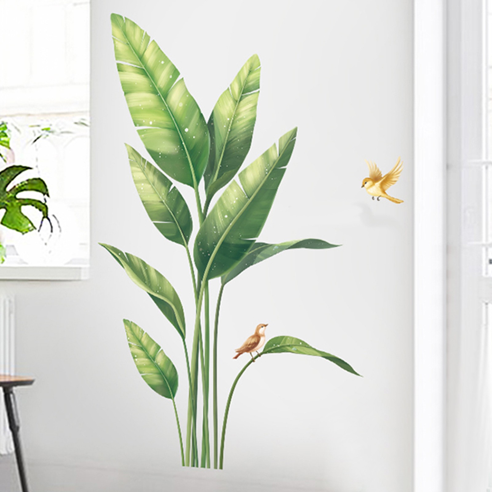 Green Wall Stickers Tropical Plants with Birds Removable PVC Living Room Home
