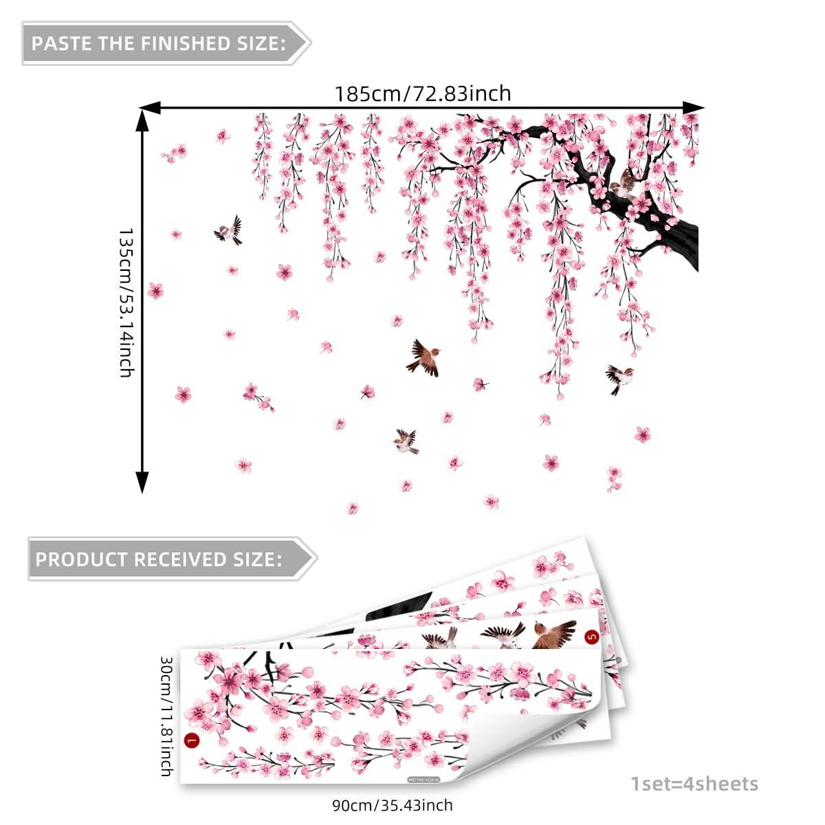 Large Cherry Blossom Tree Wall Decals Peel and Stick Pink Floral Wall Art Sticke