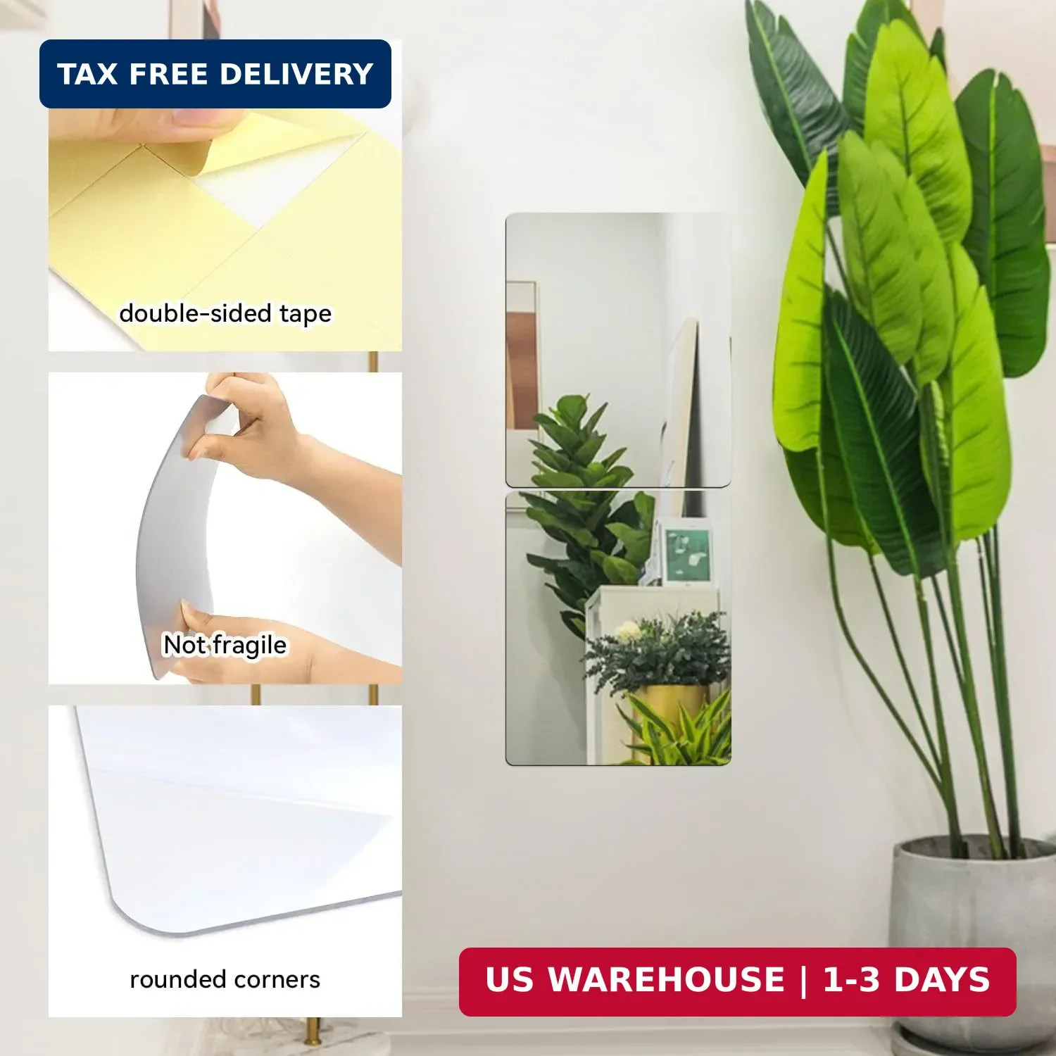 yuntop 2 Pack Self Adhesive Acrylic Mirror, 2MM Flexible Plastic Mirror, Shatter