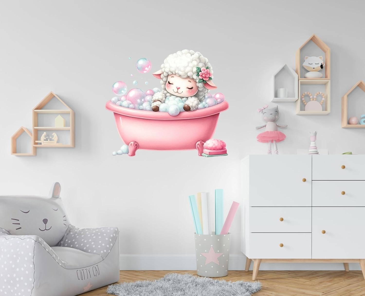 Lamb Bathtub Wall Decal Bubbles Removable Vinyl Sticker Nursery Kids Room 11.8in