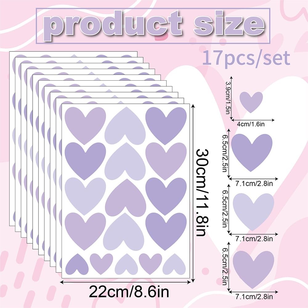 170 PCS Purple Heart Wall Decals – Ombre Lavender Waterproof Vinyl Peel & Sti…