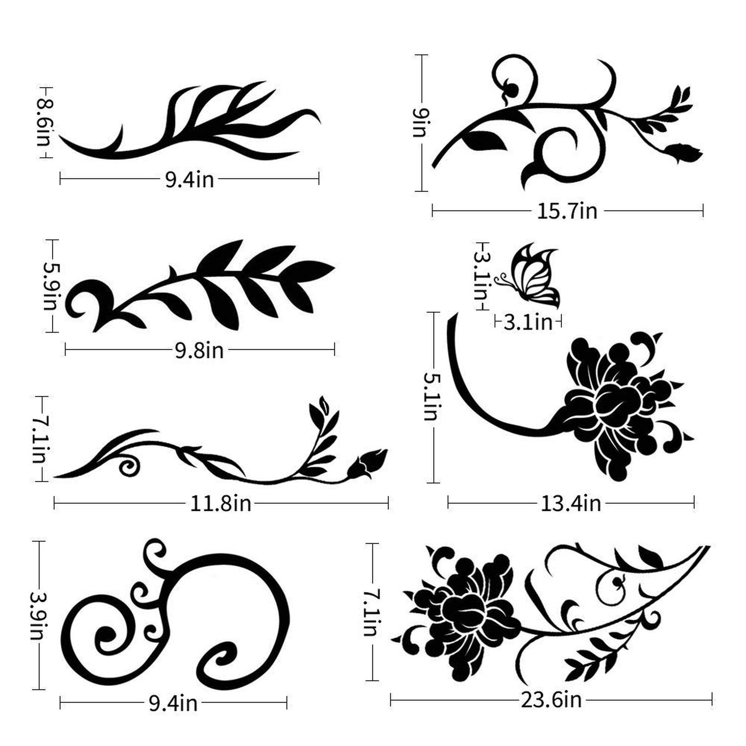 Supzone Flowers Vine Wall Decals Black Flower Wall Stickers Butterfly Floral …