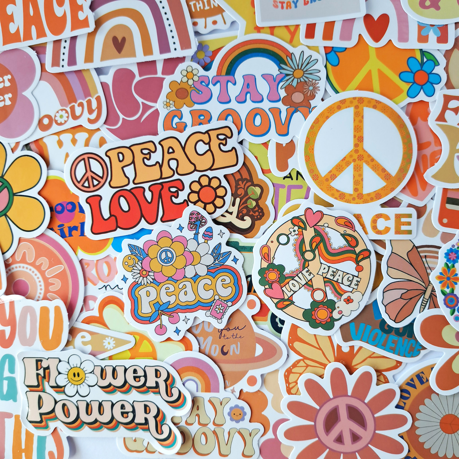 50 PCS Groovy Hippie Sticker Pack Peace Love Positive Vibes Boho Crafts Stickers