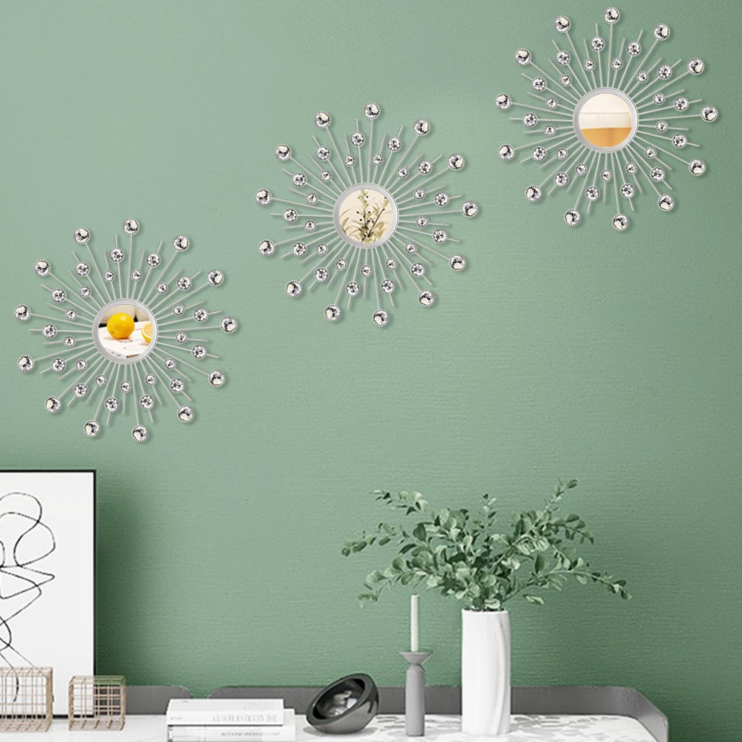 Uaussi 3 Pack Crystal Sunburst Wall Mirror Décor Rhinestone Mirrors Decorat