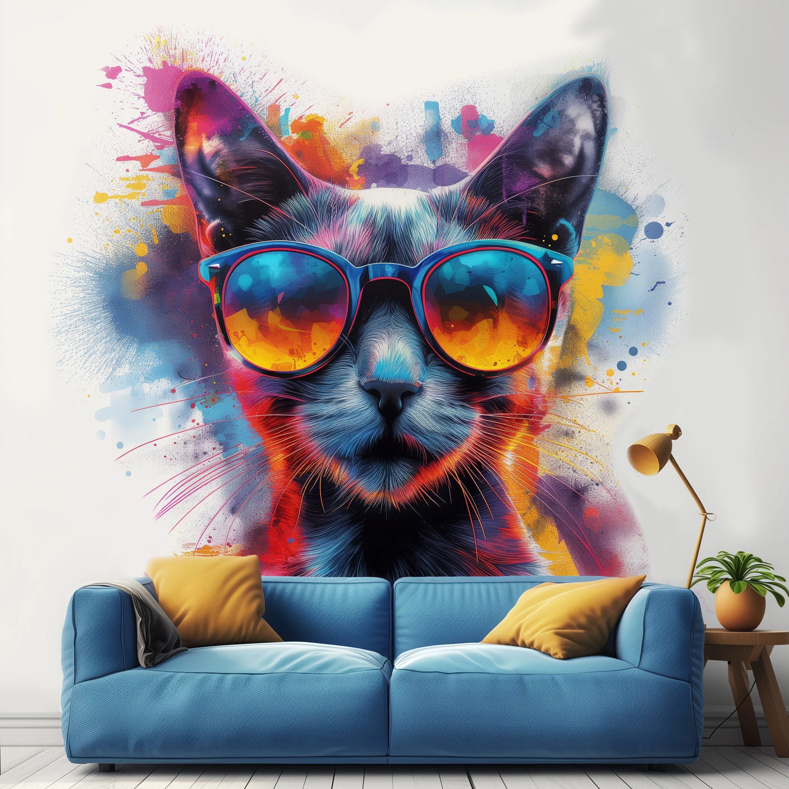 Cat with Sunglasses Wall Decal – Dynamic Watercolor Kitten Art Sticker for
