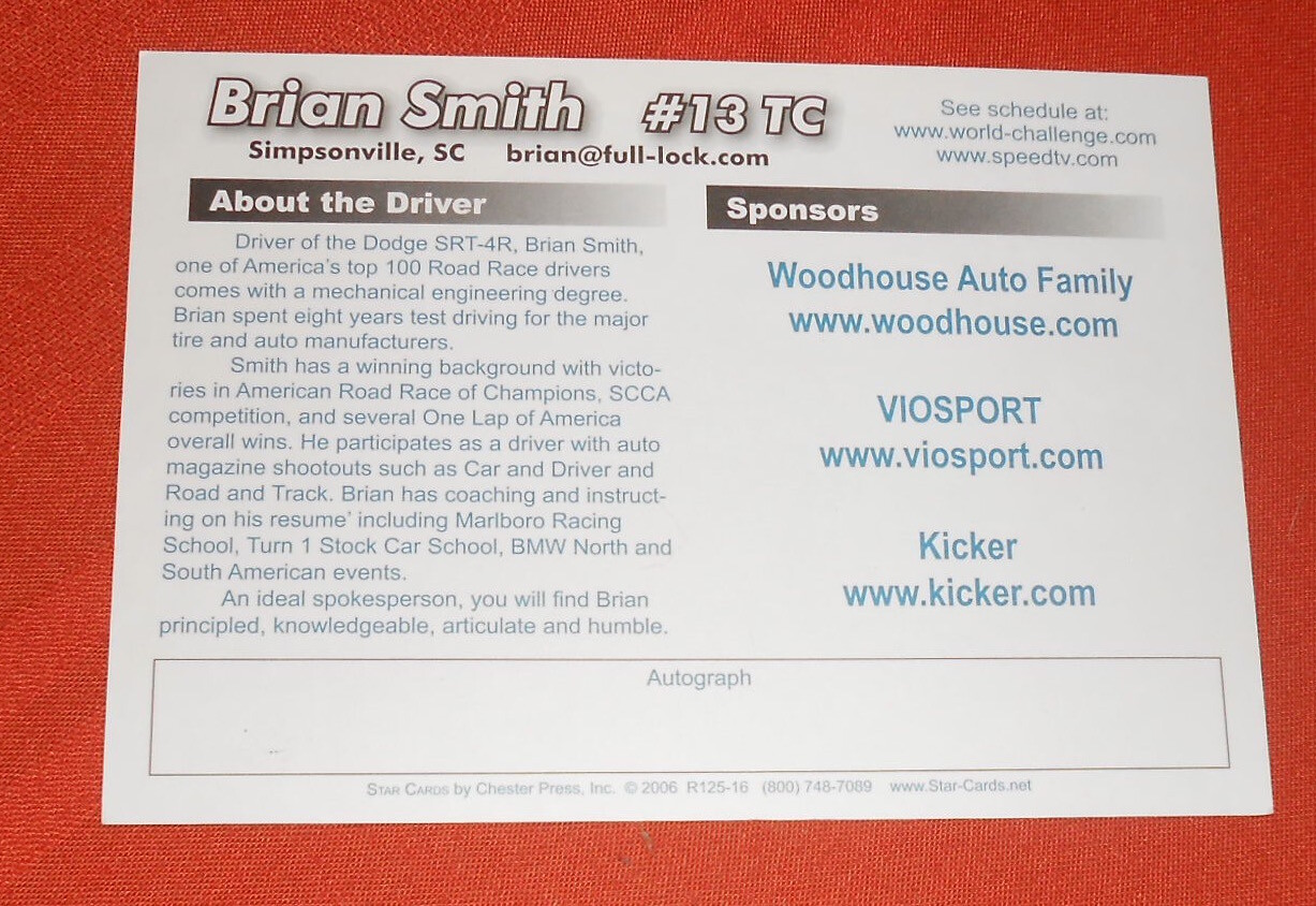 Brian Smith #13 Banner Racing Print Card 2006 Original SIGNED 7×5