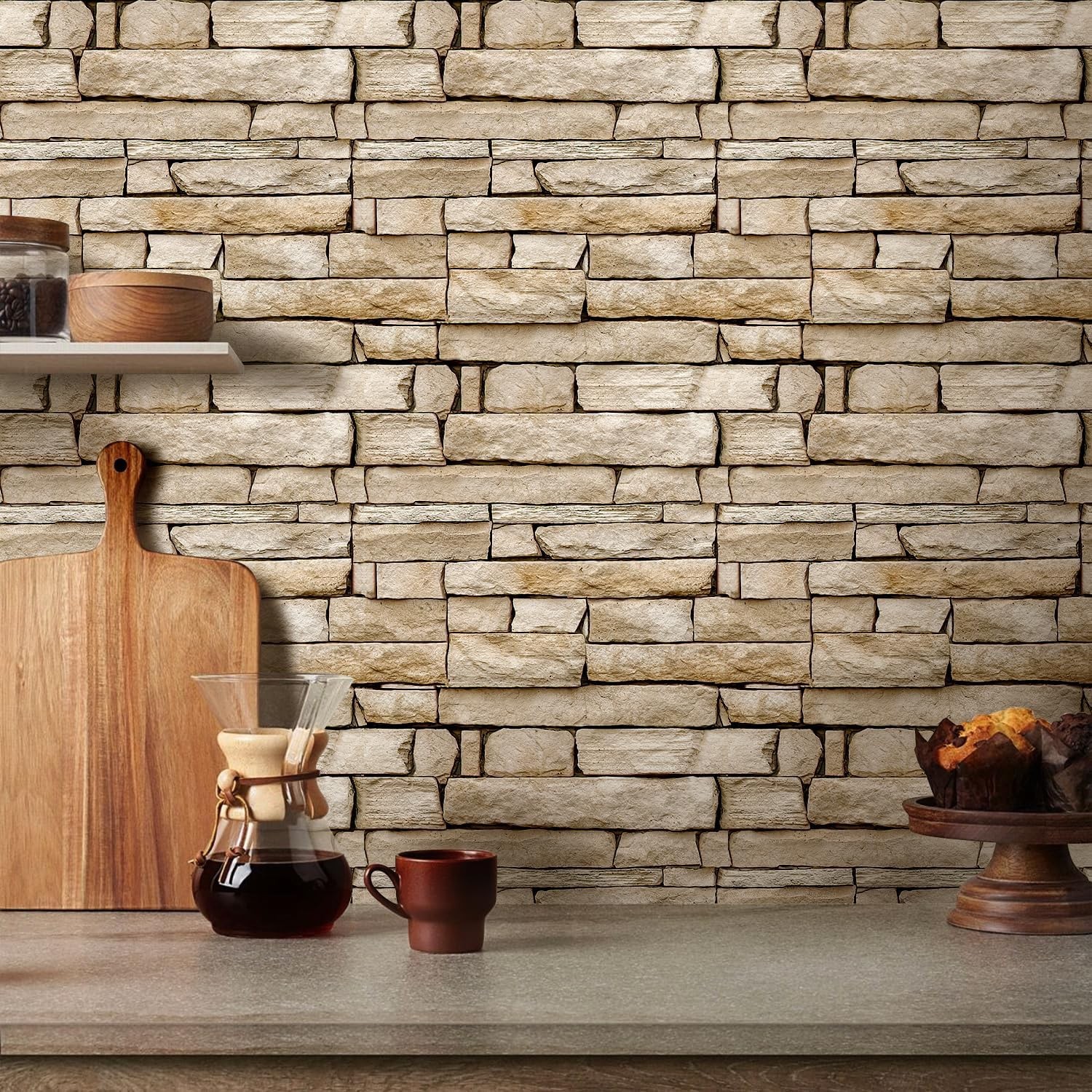 3D Faux Stone Wall Panels Peel and Stick, 10 Pcs 11.8" x 11.8", Stone-Look Te…