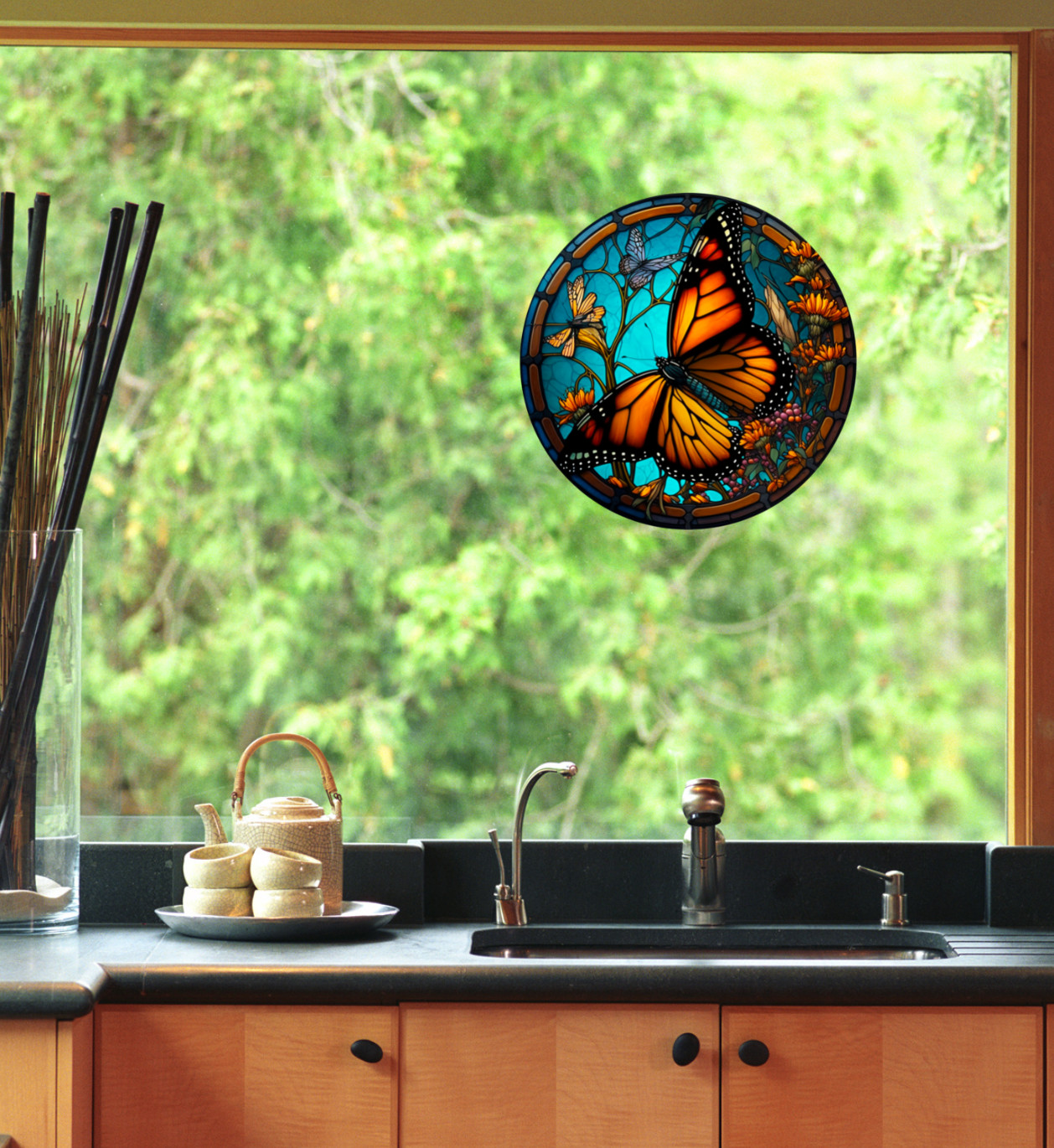 Monarch Butterfly Faux Stained-Glass WINDOW CLING Size 8" Round Vinyl