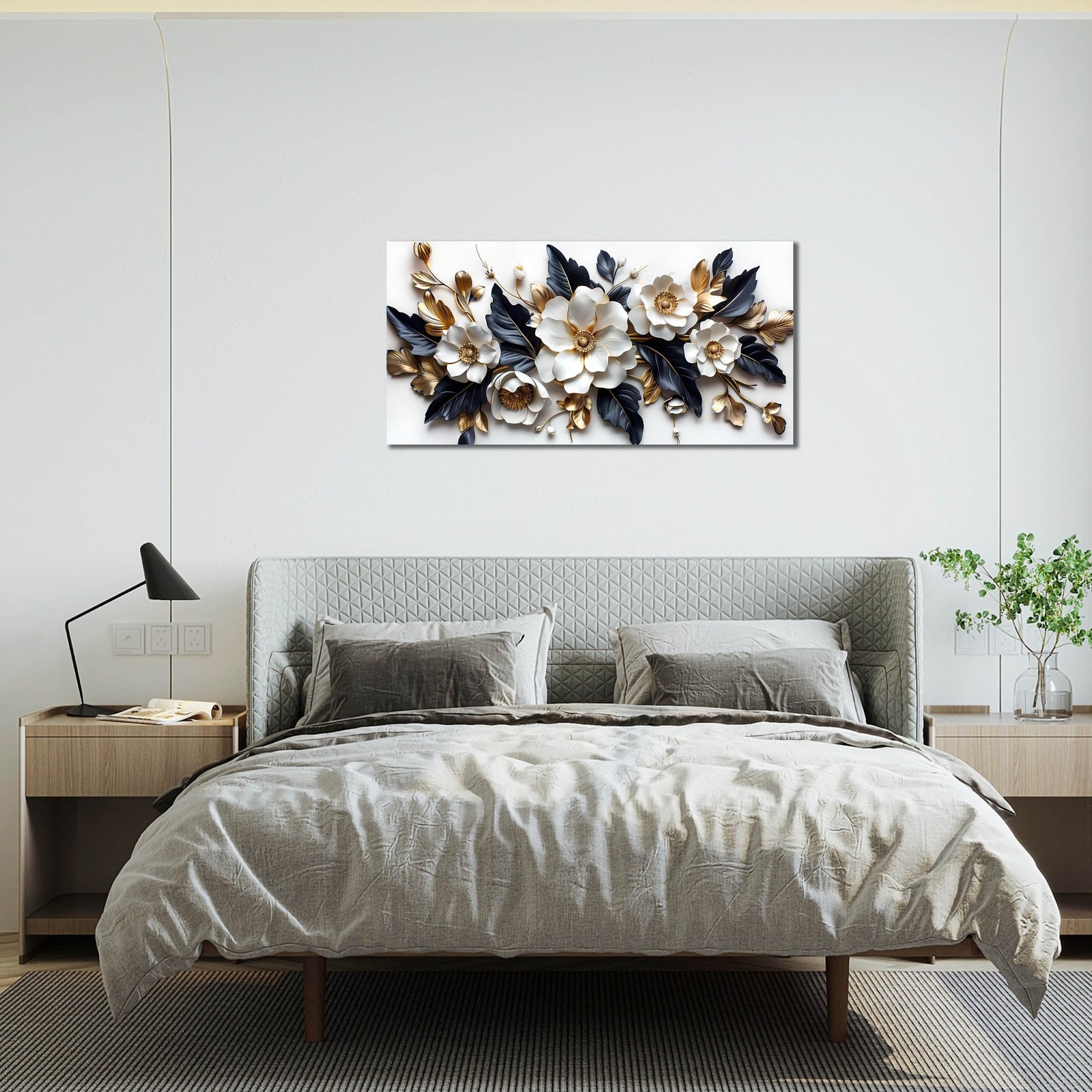 HUBOSKN Flower Pictures Wall Decor for Living Room – Blue White and Gold Wall…