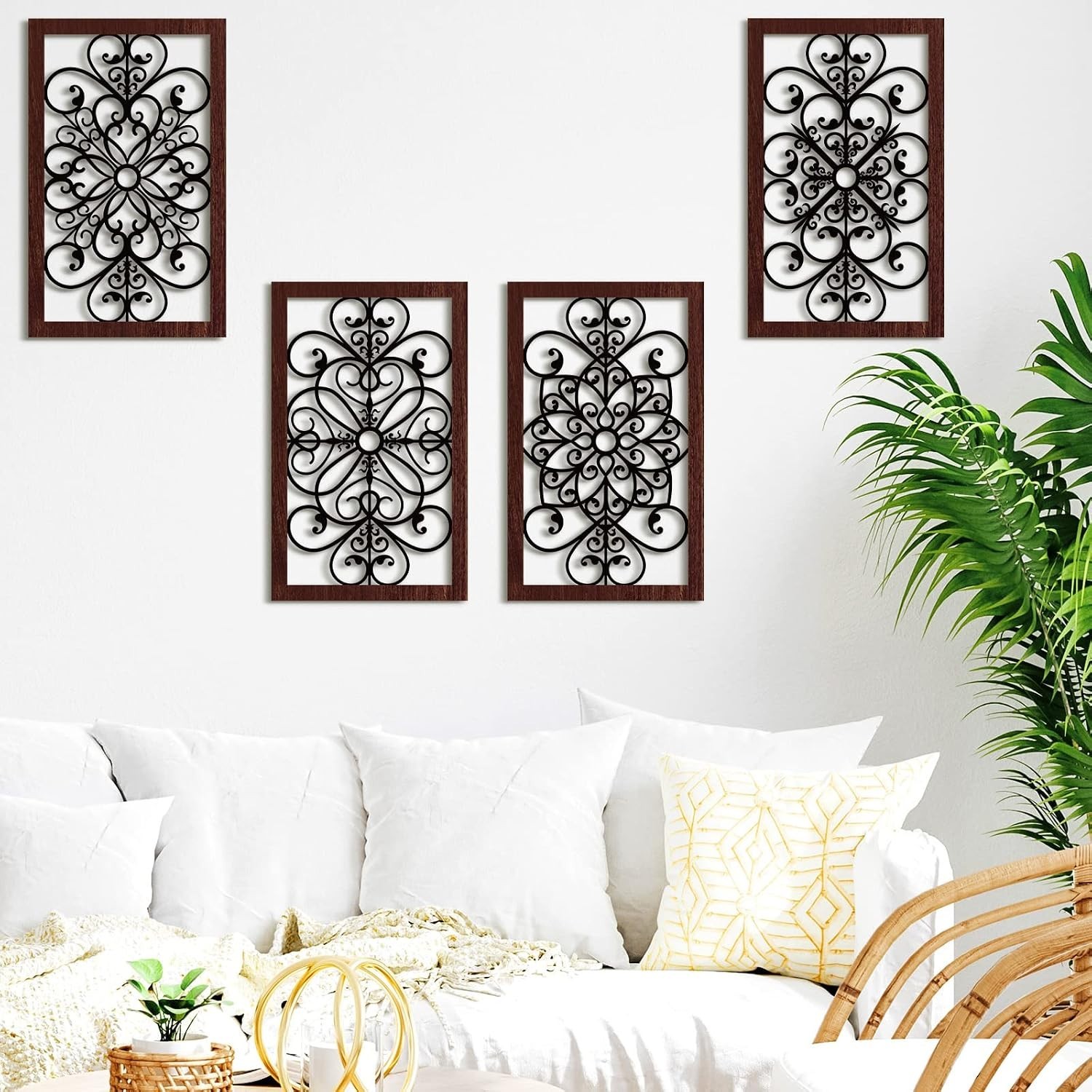 Elegant Rustic Floral Wall Art – Set of 4 Antique Wooden Panels, 11.8"x7.3"