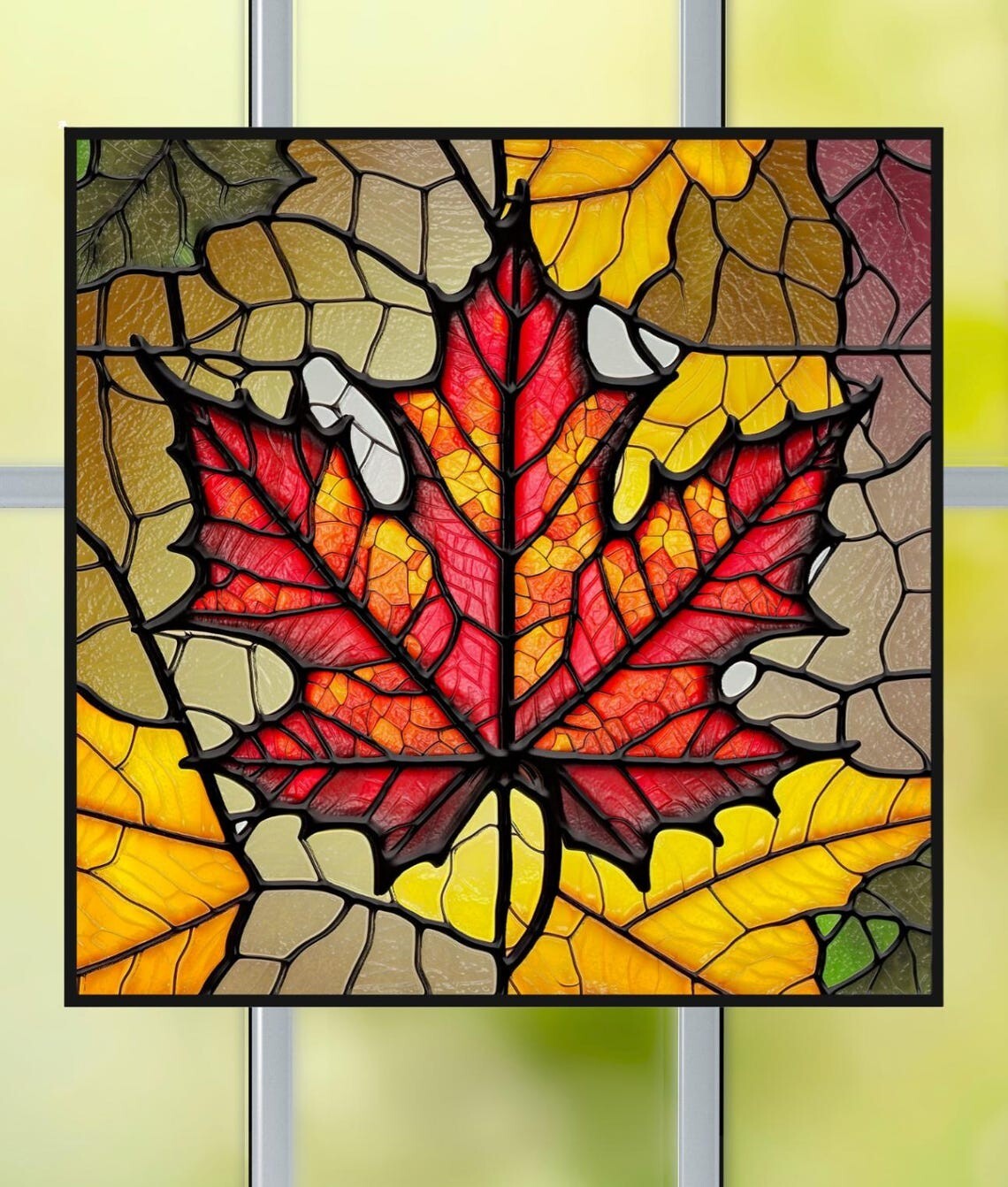 Fall Maple Leaf Faux Stained-Glass WINDOW CLING Size 8" Vinyl