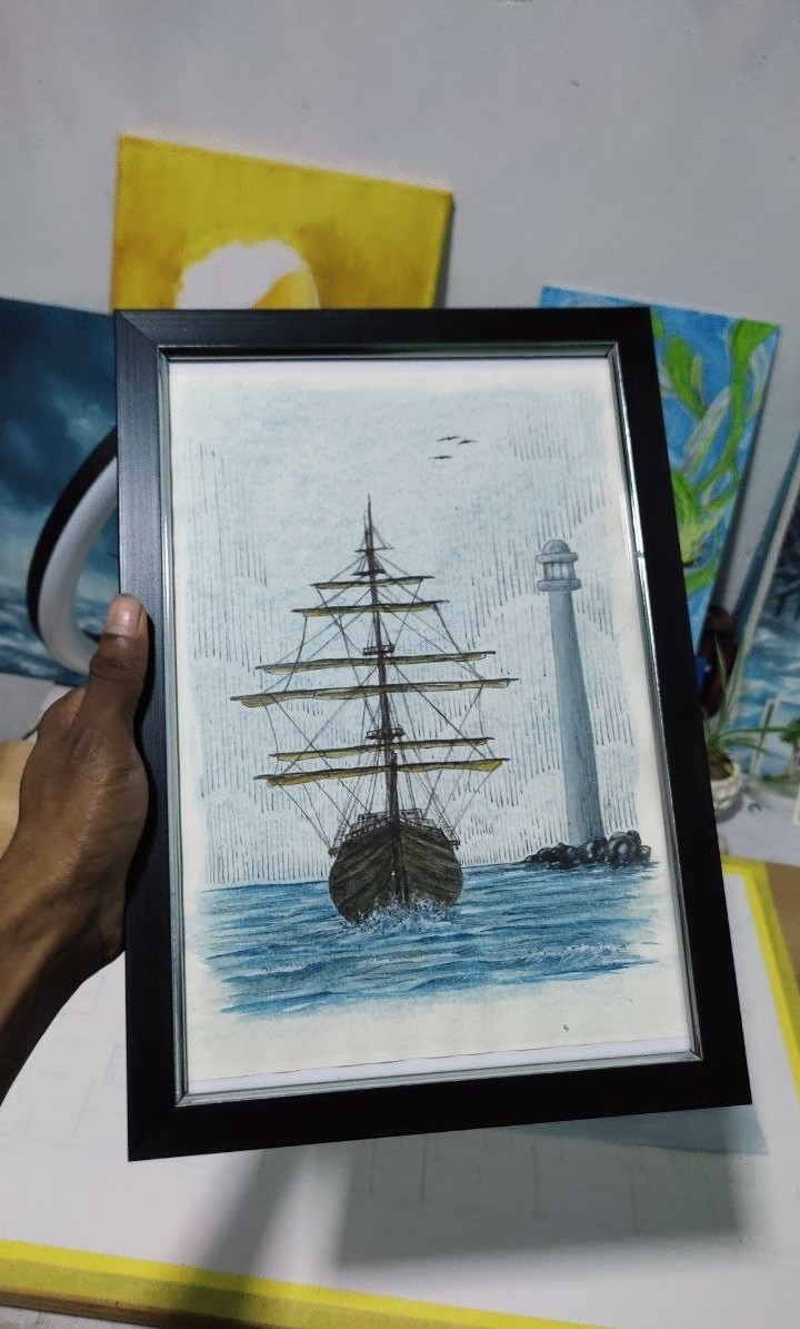Original Watercolor Painting Ship Lighthouse Framed Nautical Wall Art Handpaint