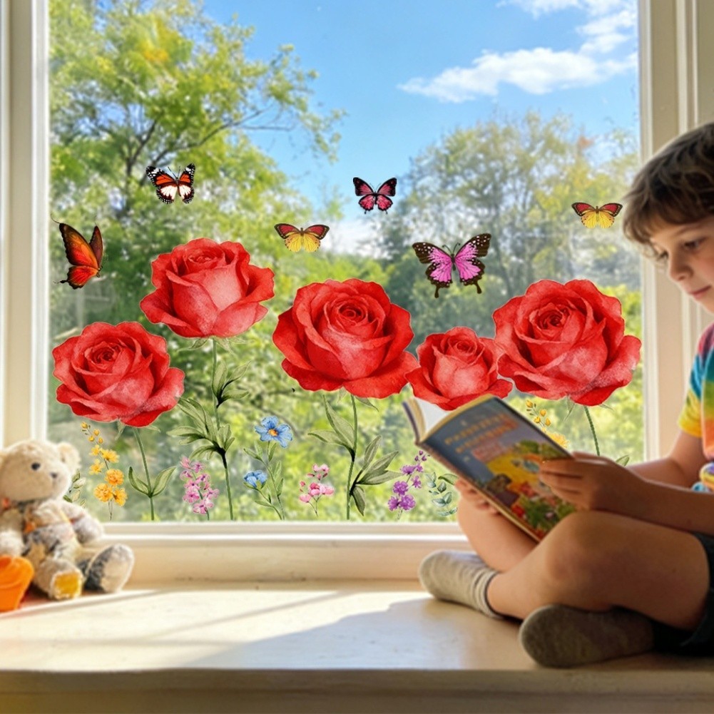 Floral Art Static Cling Sticker Red Roses Butterflies PVC 11.81 x 23.62 inches