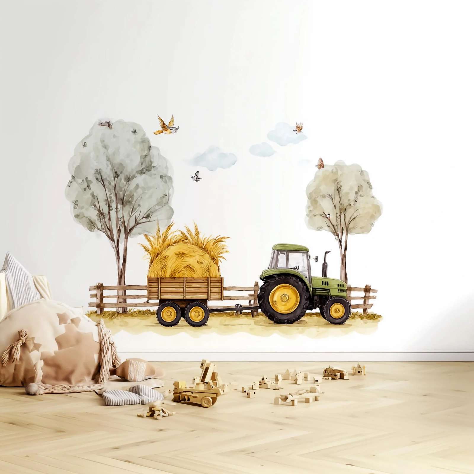 Farm Tractor Wall Decal with Hay Bale Trailer | Nursery Wall Sticker Set with