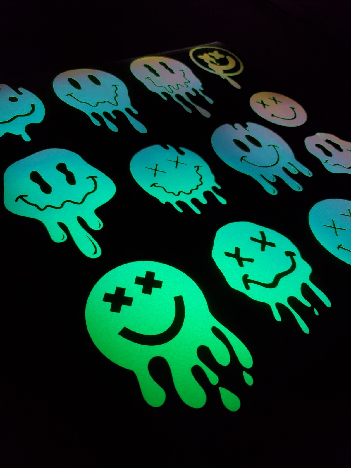 Glow In The Dark Vinyl Decal Smiley Face Drip Effect Lit Studio Decor Full Sheet