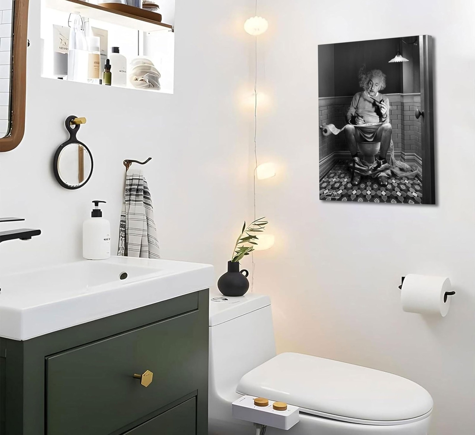 Funny Bathroom Canvas Wall Art Reading Newspaper On Toilet Picture Black and …