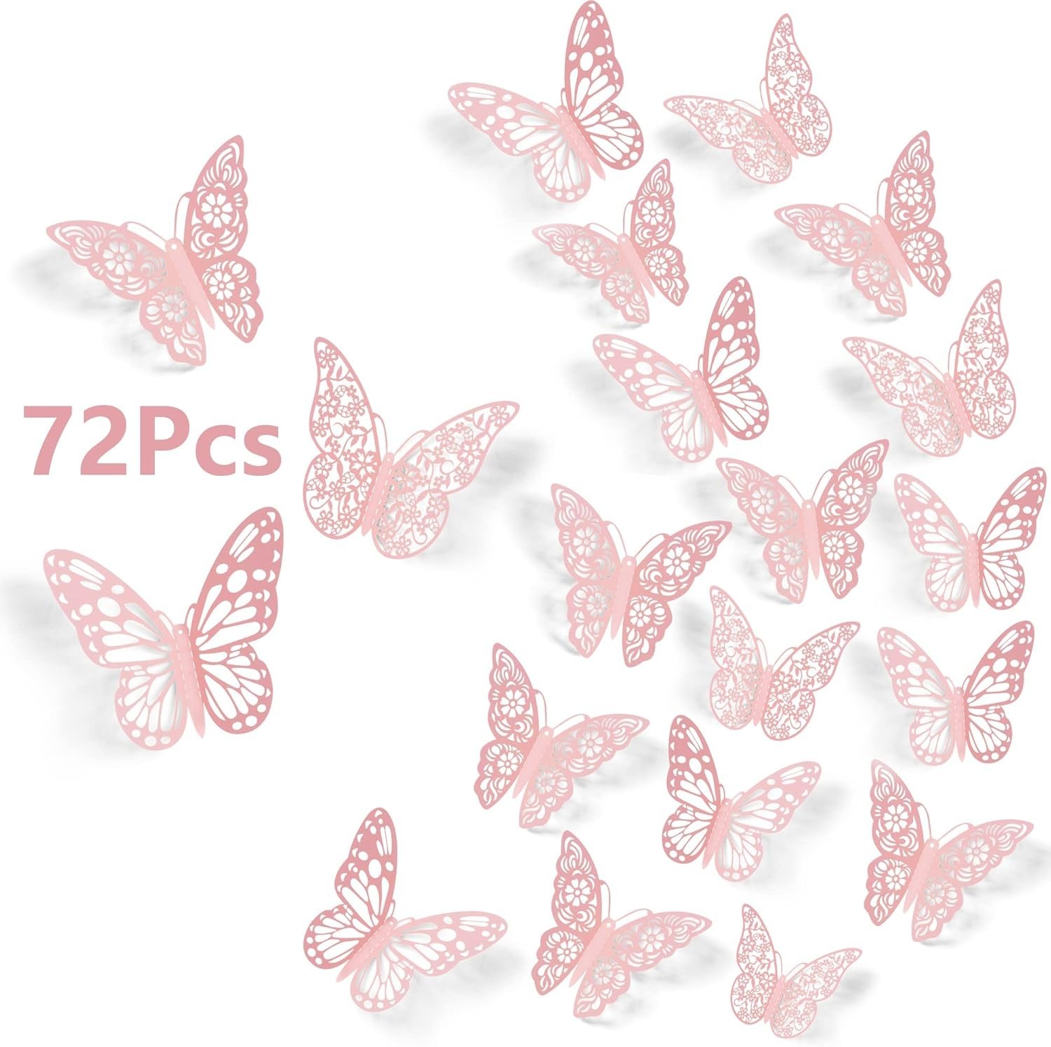 3D Wall Decor, 72 Pcs 3 Sizes 3 Styles, Pink Butterfly Decorations – Removabl…
