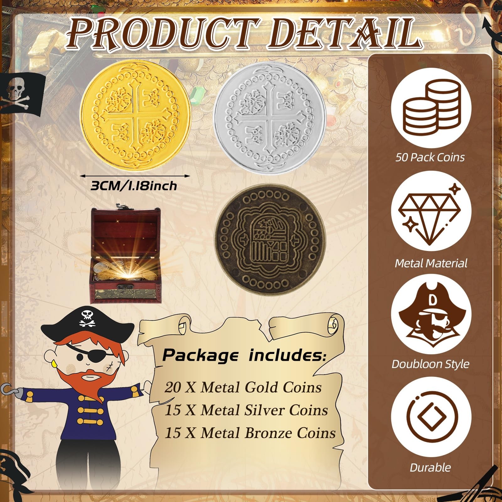 Hanaive 50 Pcs Metal Treasure Coins Stylish Style, Gold, Silver, Bronze