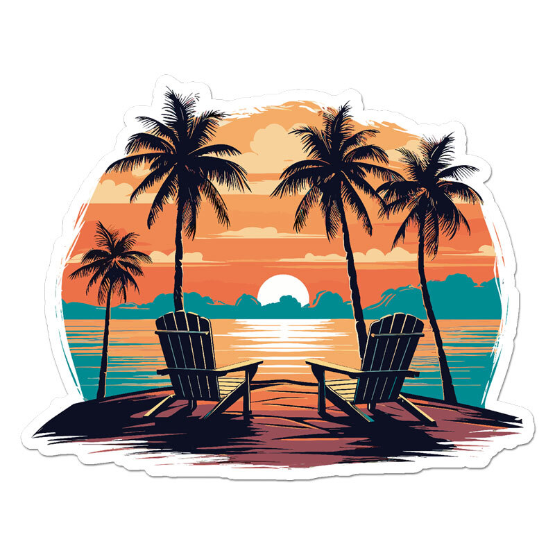 Beach Chairs Sunset, Vinyl Decal Sticker, Indoor Outdoor, 3 Sizes, #11915