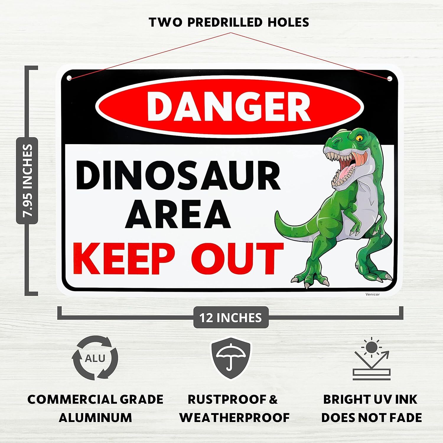 Venicor Dinosaur Sign – 8 x 12 Inches – Aluminum – Dinosaur Room Decor for Boys