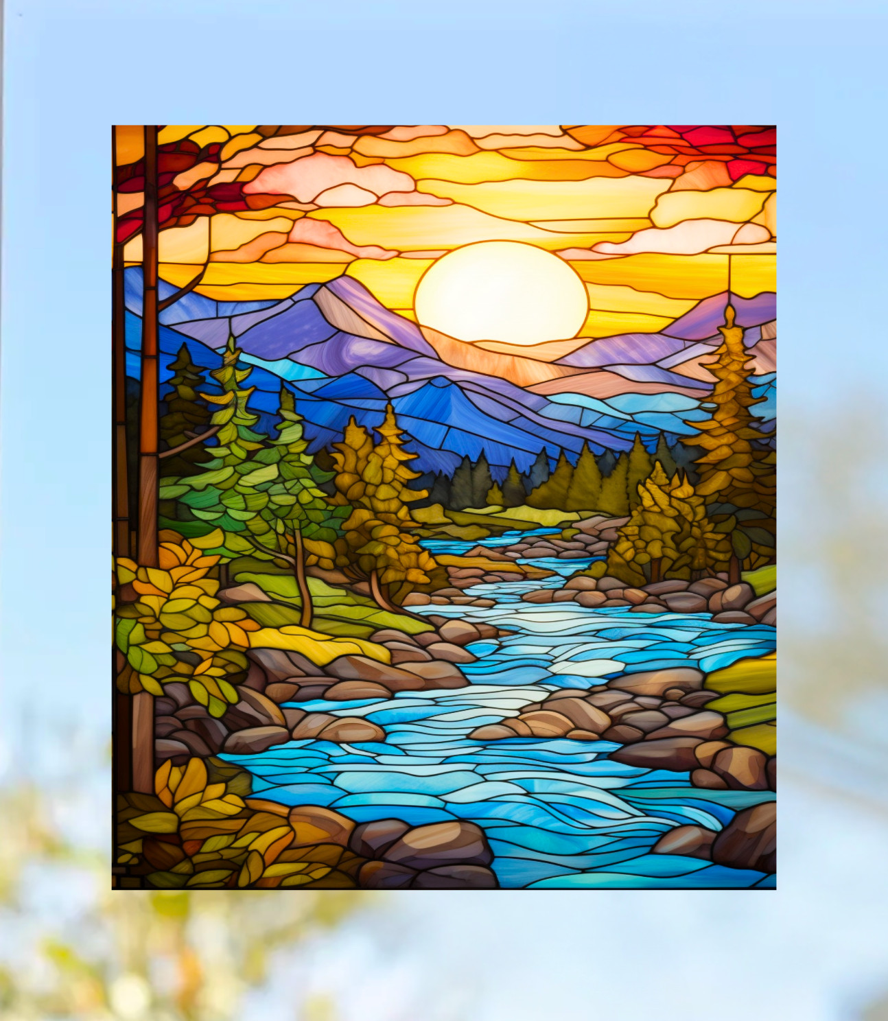 River at Sunset Faux Stained-Glass WINDOW CLING Size 9.3" Repositionable Vinyl