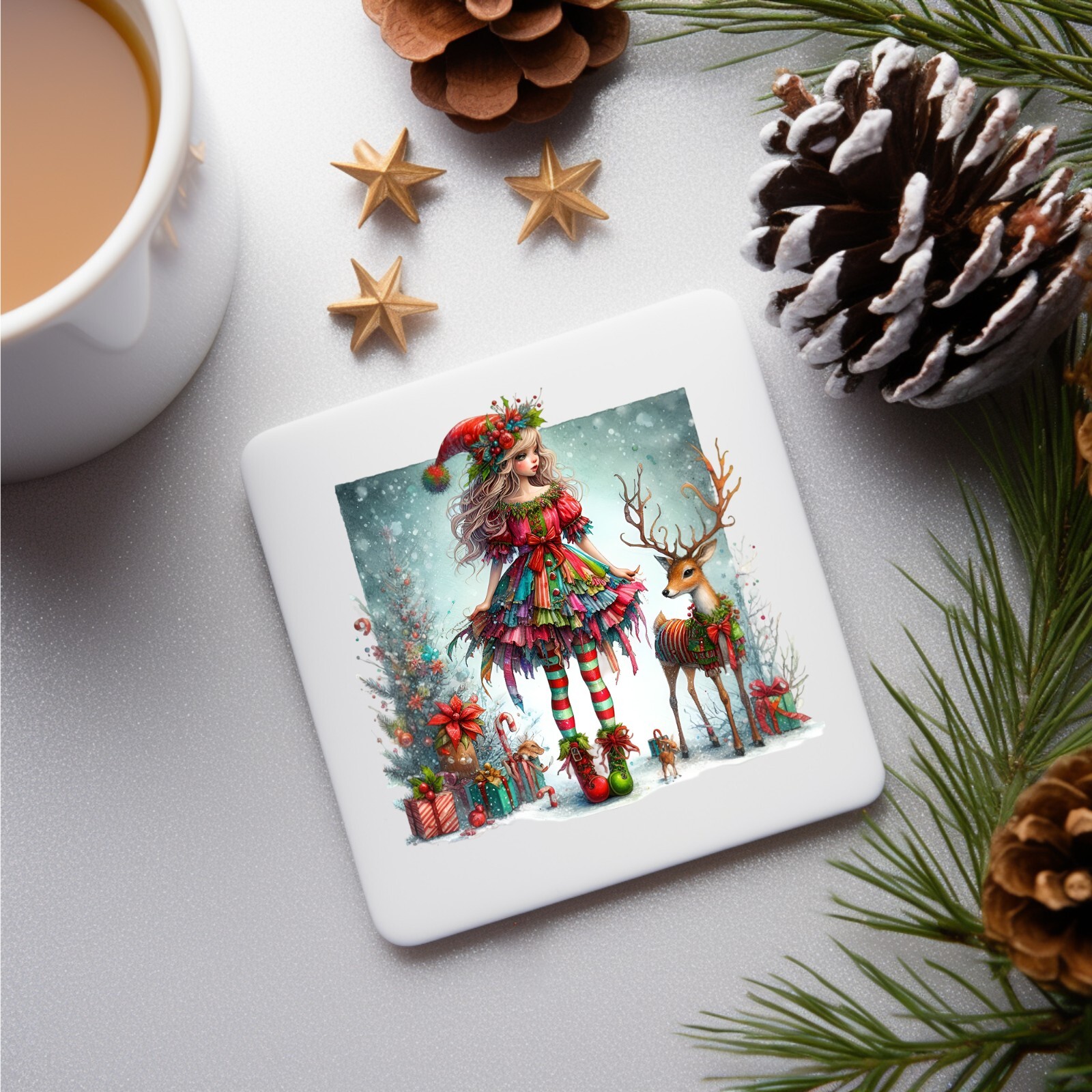 Christmas Girl Elf and Reindeer Five UV DTF Transparent Sticker / Decal