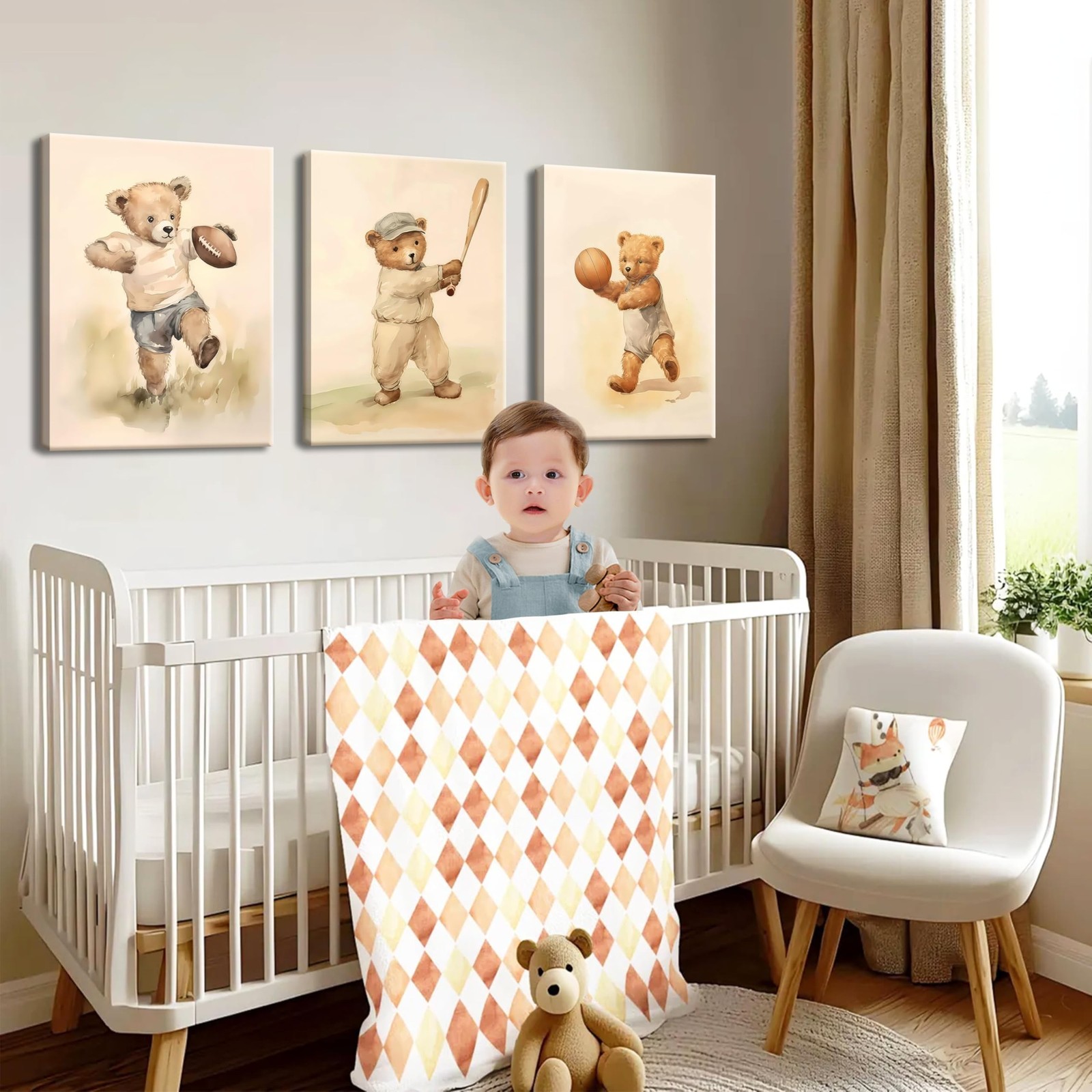 Bear Rugby Sports Nursery Canvas Wall Art Set of 3 – Cute Vintage Baby Bear P…