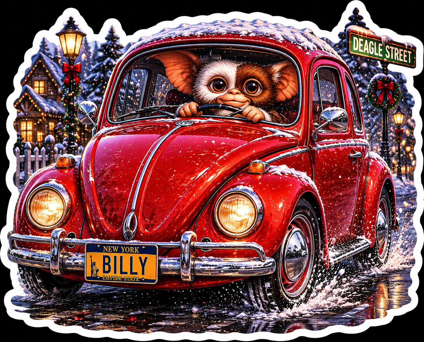 Gizmo Driving Red VW Beetle Vinyl Sticker Gremlin Decal