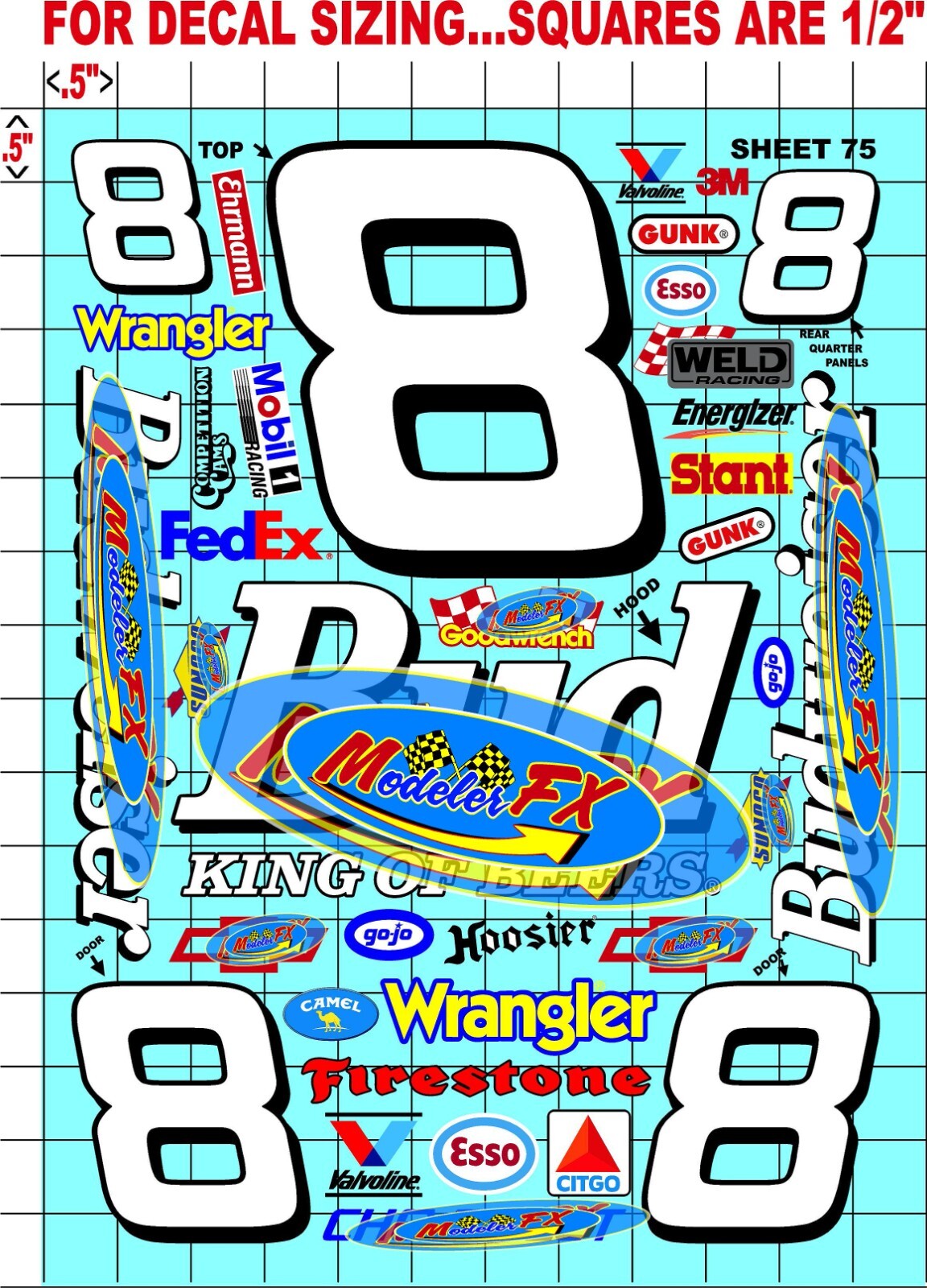 WHITE Vinyl Sticker Sheet 75-R/C MODEL Decal fits 1/10-1/16 ScaleEARNHARDTRACING
