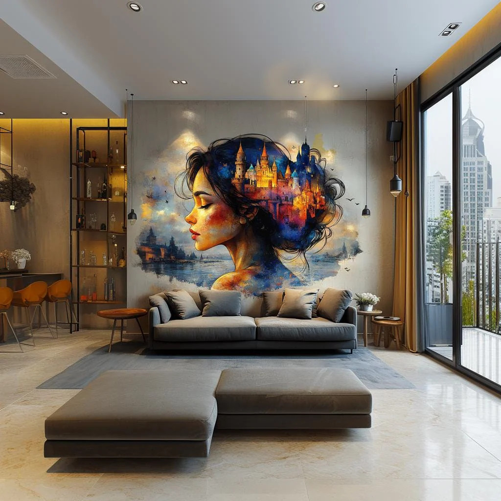 Dreamy Castle Wall Art Sticker – Fantasy Woman Portrait Vinyl Decal for Living