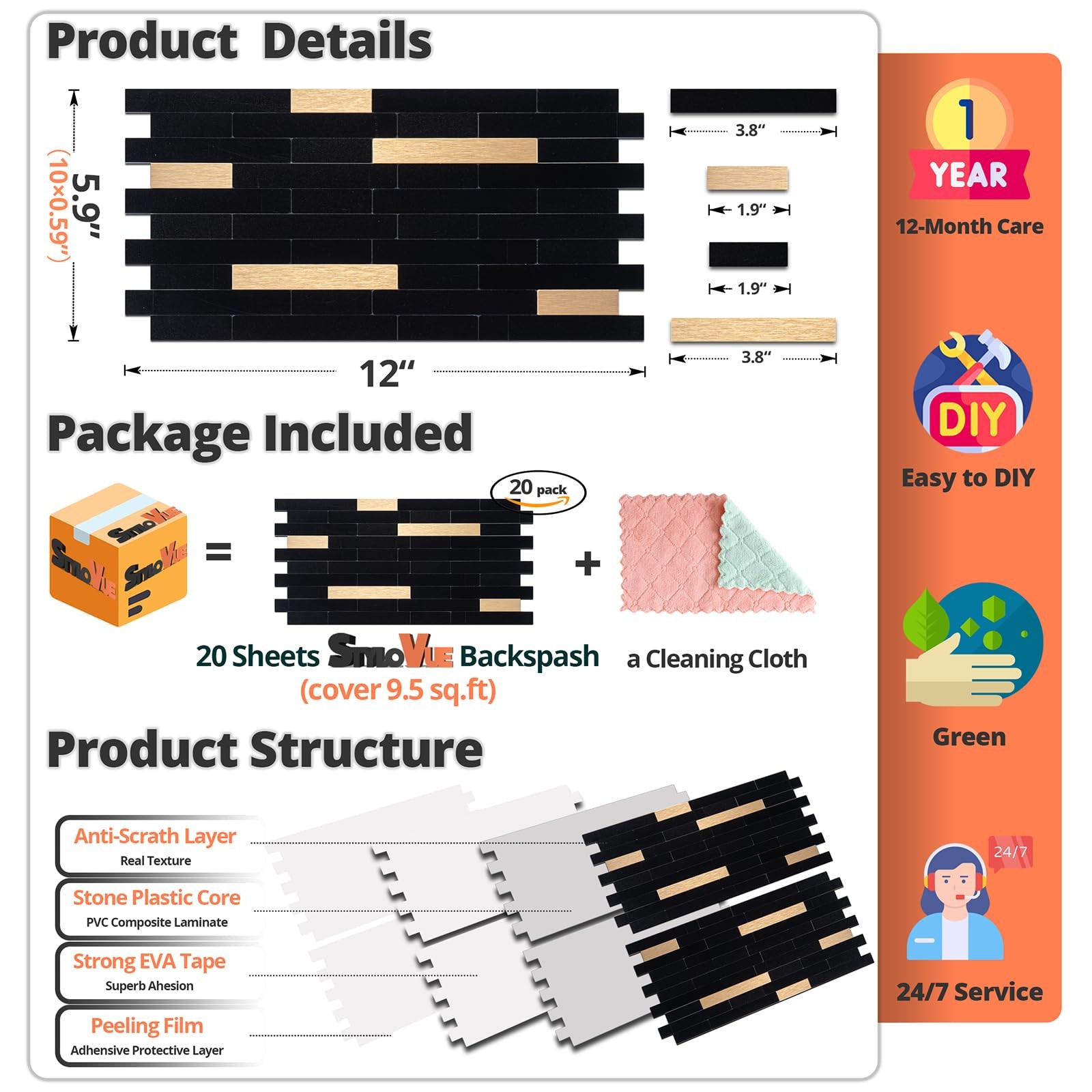 StyloVue 20 Sheets Peel and Stick Tile Backsplash, Black with Metal Gold Look…