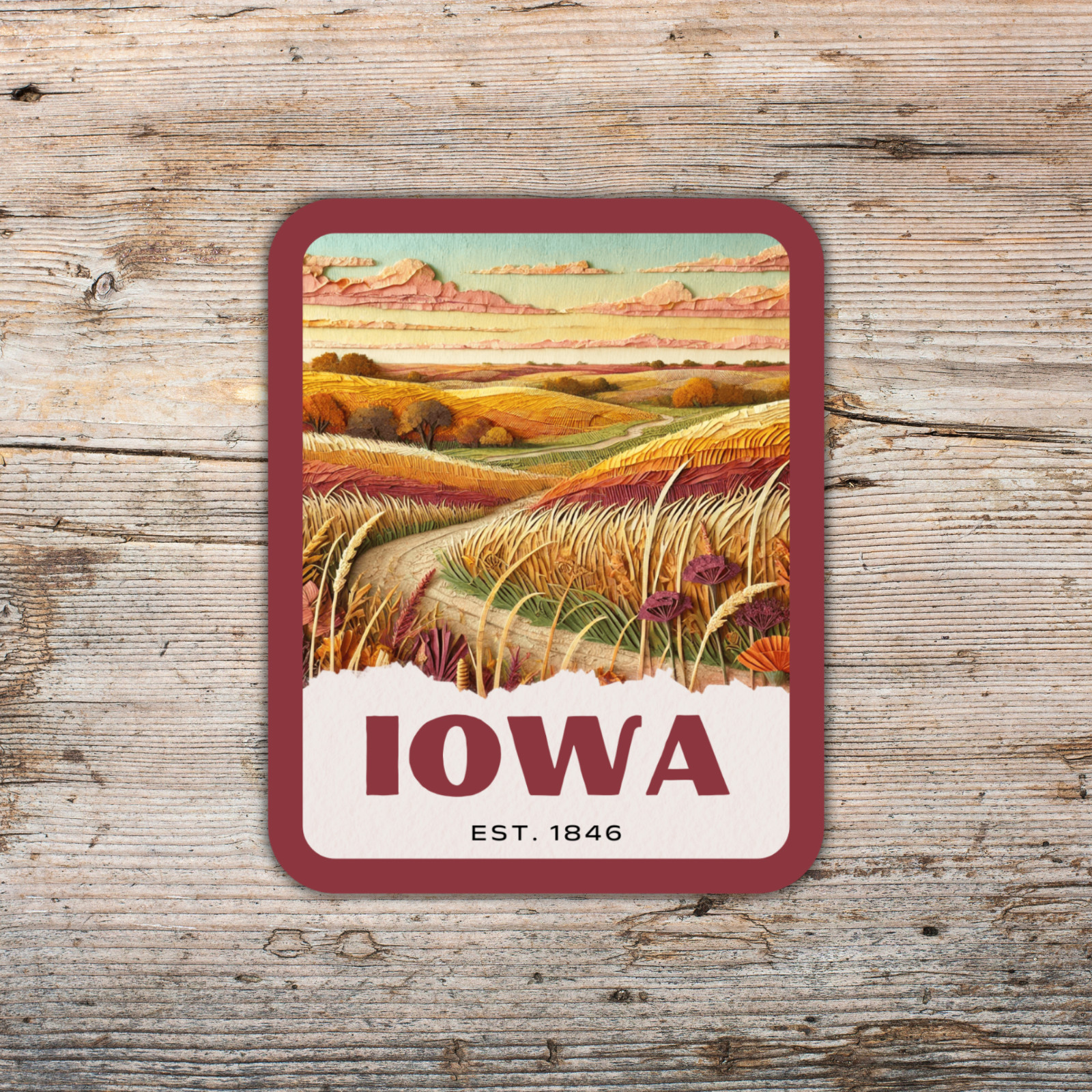 Iowa State Sticker, Paper Collage Look, Scenic Farmland Vinyl Decal