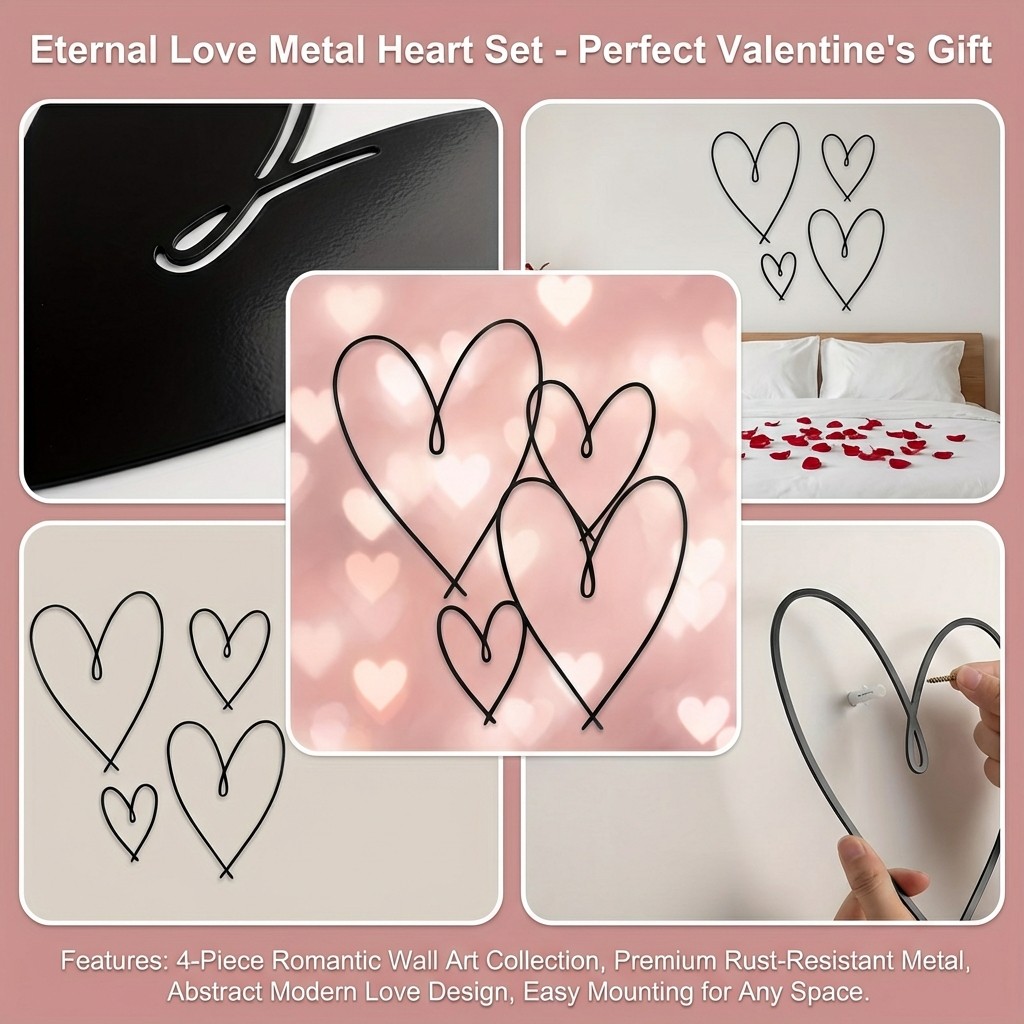 Heart Shaped Metal Wall Art Set for Living Room and Bedroom Wall Hanging 4-Piece