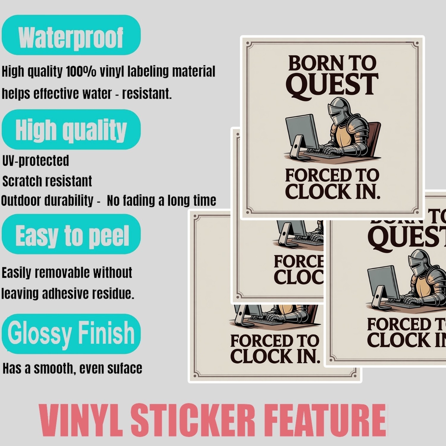 4PCS Born to Quest Forced to Clock In Sticker Set, Funny Work Gaming Vinyl Decal