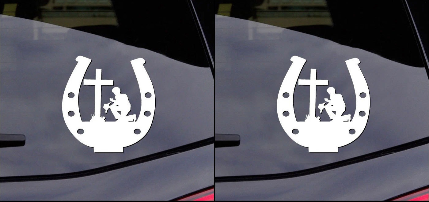 Cowboy holding his Hat & Praying at a Cross Two 5" Vinyl Decals Any Flat Surface