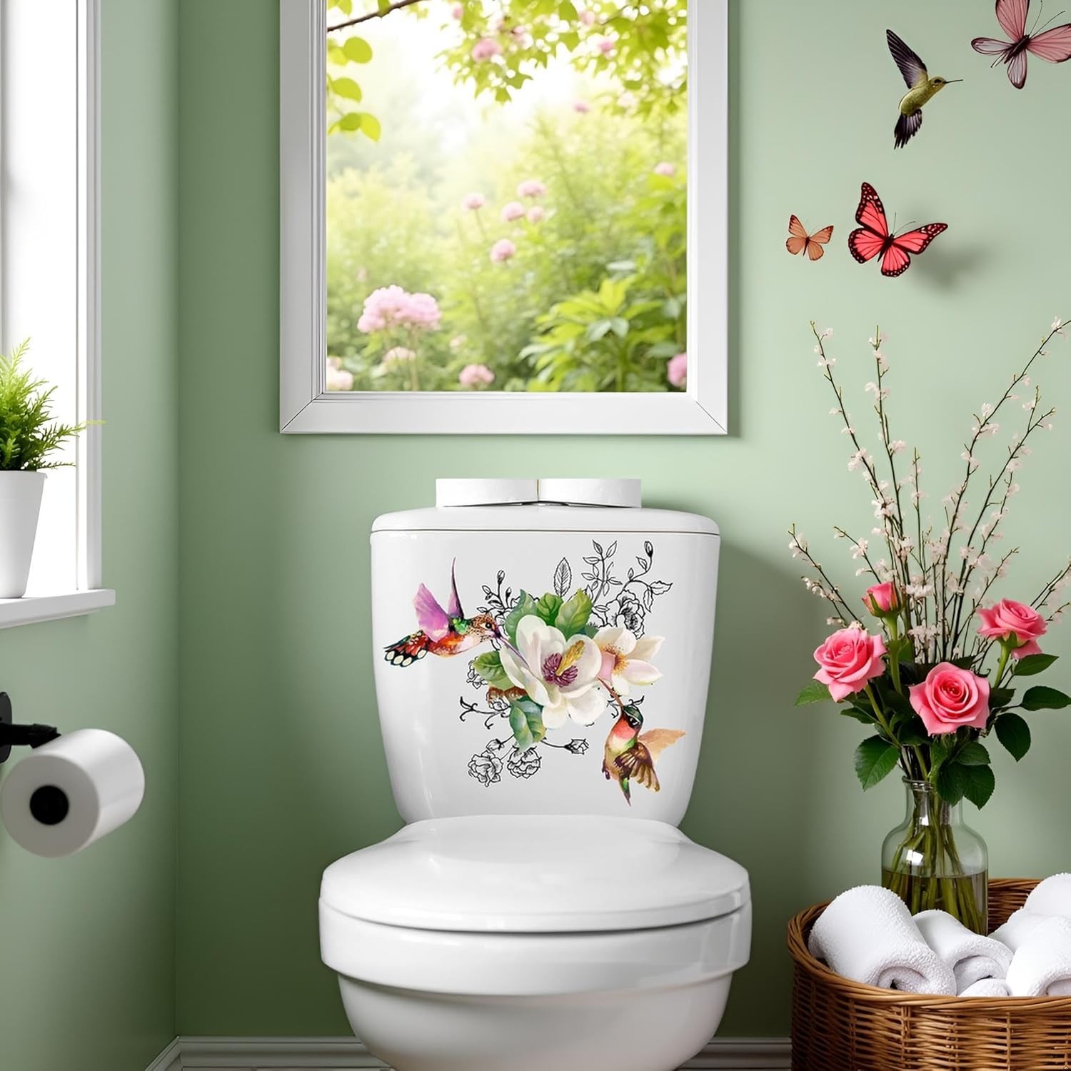 Toilet Seat Lid Stickers Self-Adhesive Bathroom  Waterproof Decor Birds Flower