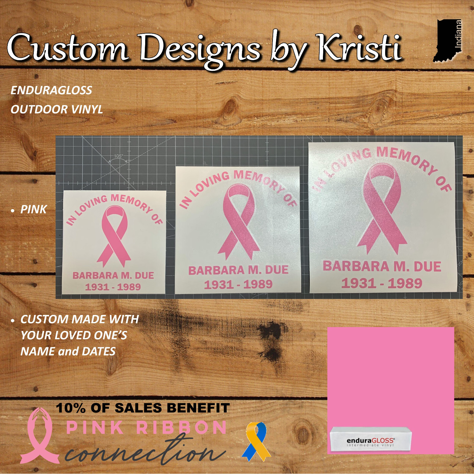 Custom Made In Memory of Decal with Breast Cancer Pink Ribbon – 3 Size Options