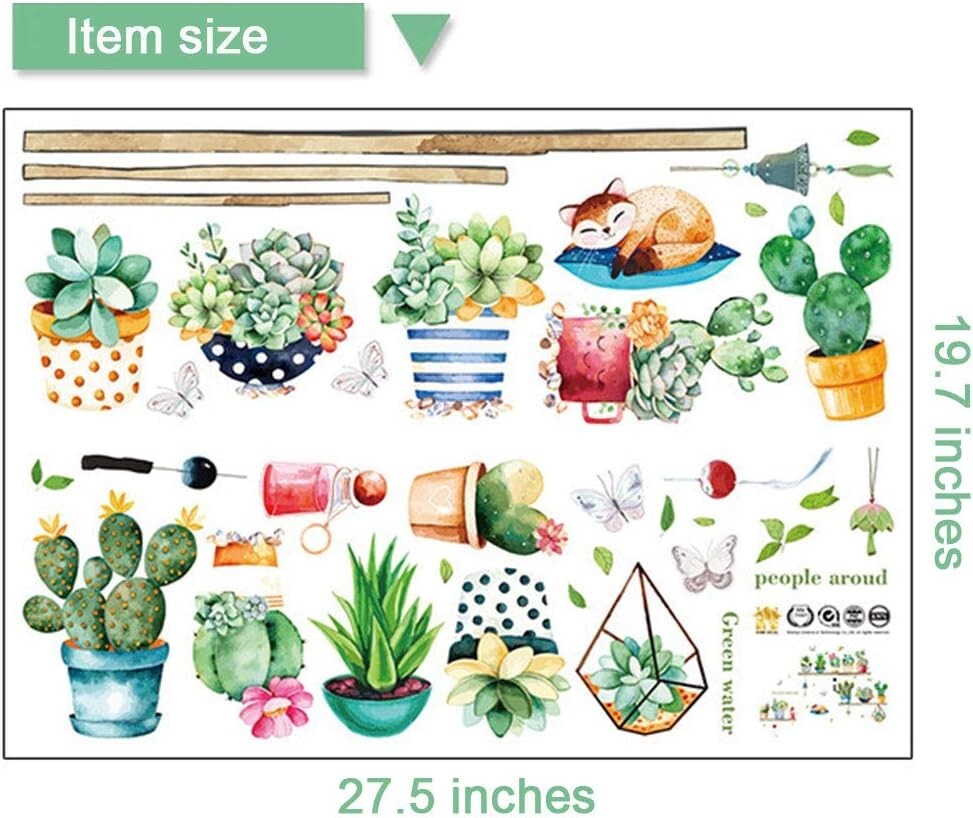 36pcs Plants Wall Decor Decal, Cactus Green Plants Pastoral Style Wall Stickers