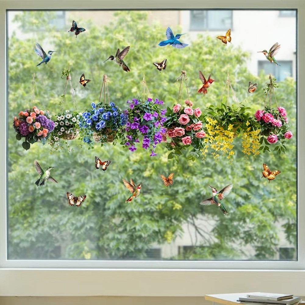 Static Cling Window Decals Floral Basket Birds Butterfly Pattern PVC Sticker