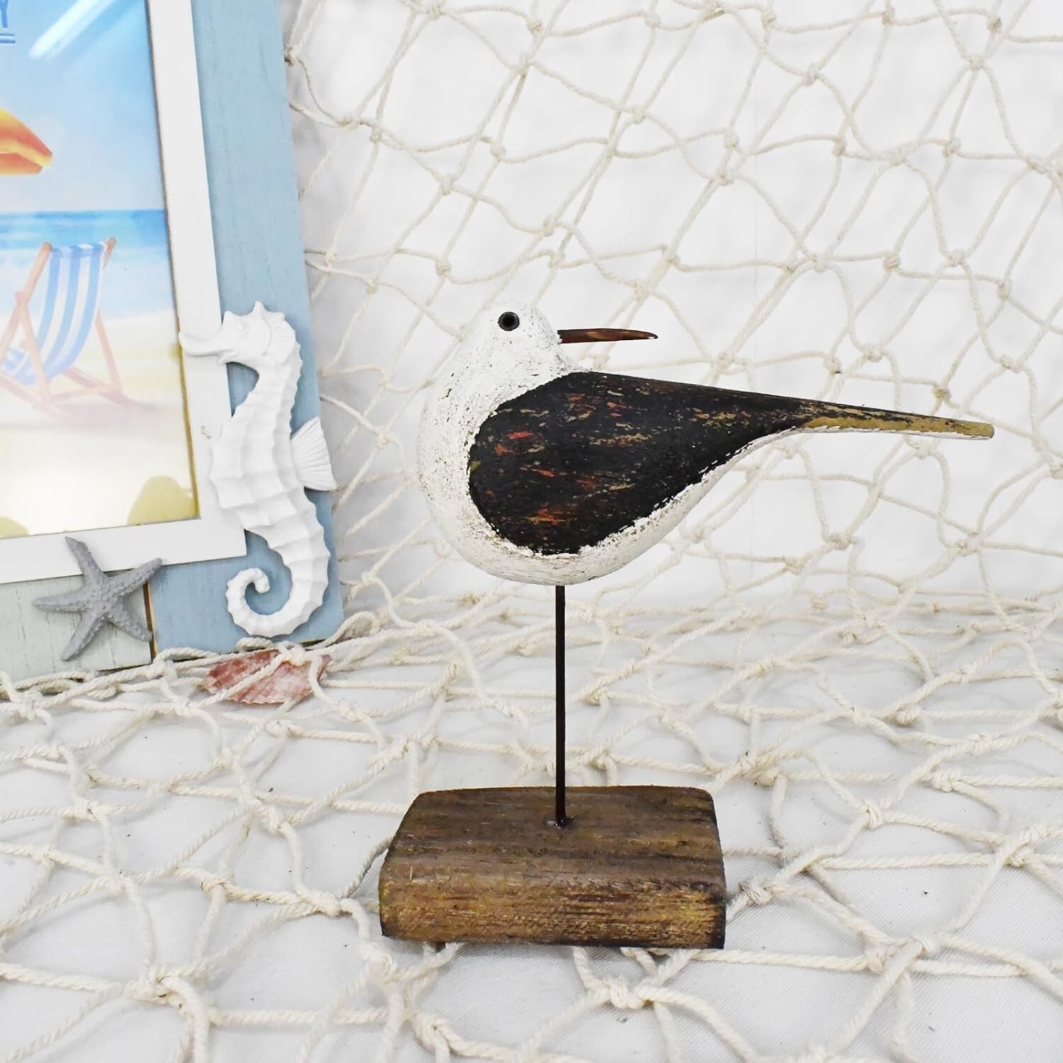 Wooden Sea Bird Statue Seagull On Stand Decor Nautical Coastal Birds Sculpture