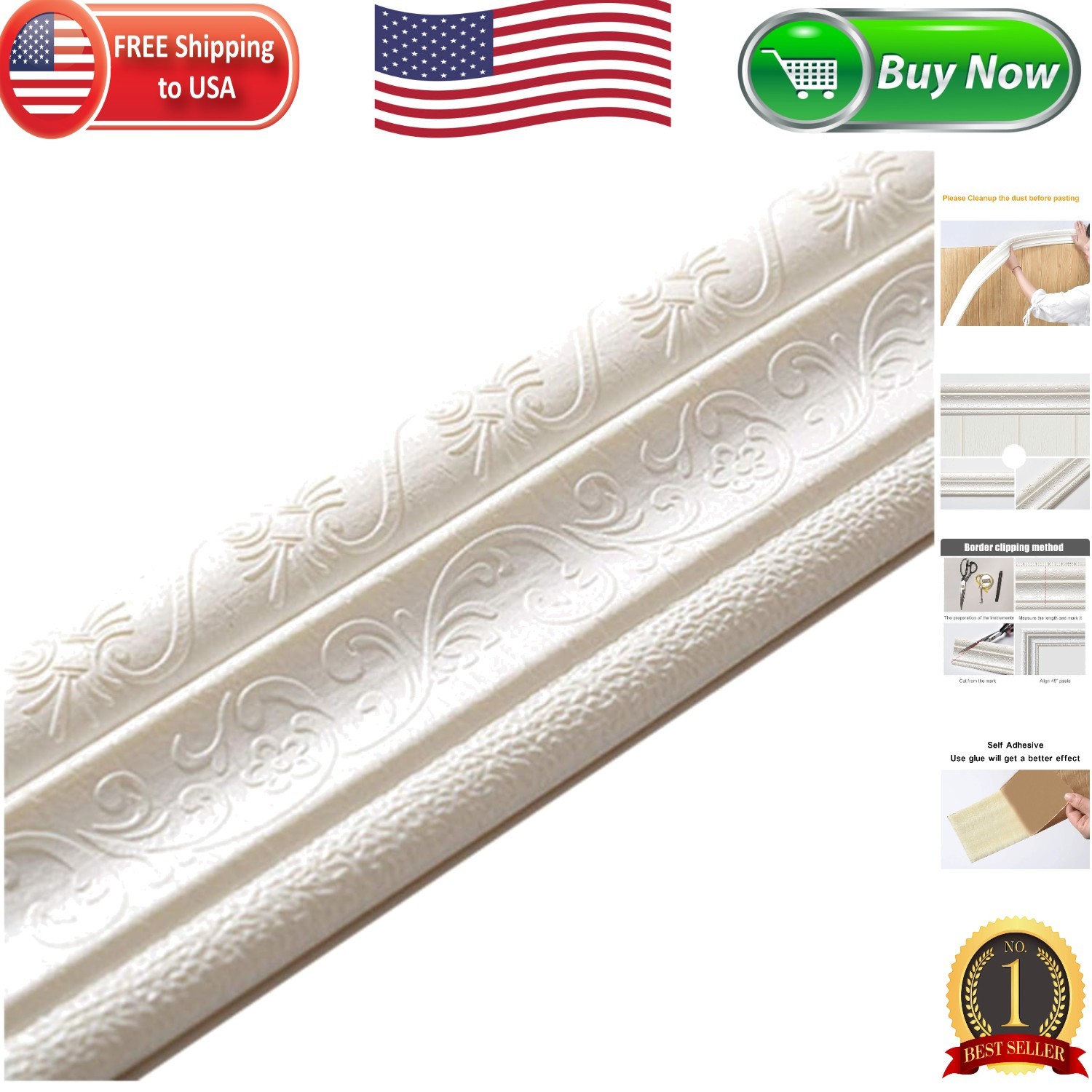 90.5” Self-Adhesive Foam Molding Trim – Elegant 3D Wall Decor for Home & Office