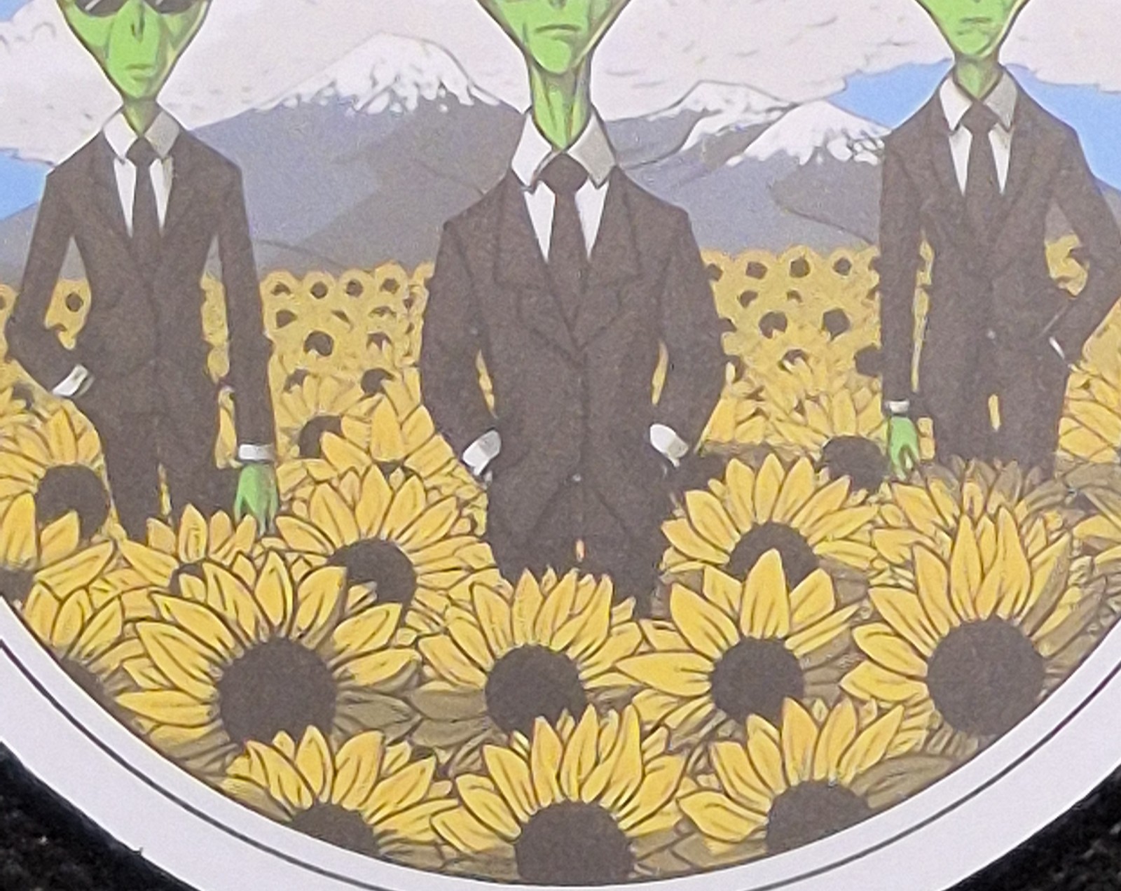 Men In Black Alien UFO UAP Round Decal Sticker. Approximately 2"