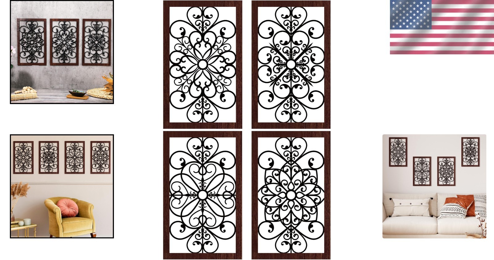 Elegant Rustic Floral Wall Art – Set of 4 Antique Wooden Panels, 11.8"x7.3"