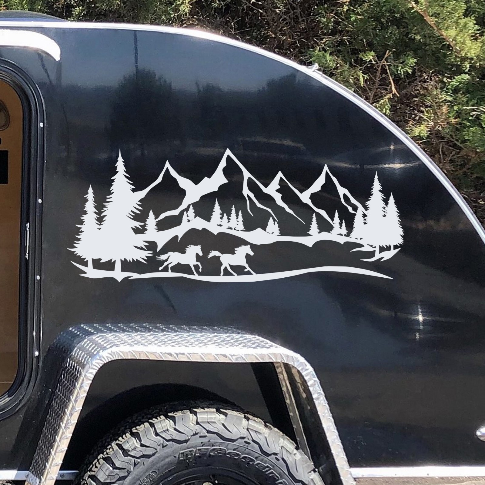 Horses Running Mountains Forest Scene Vinyl Decal V3 – Camper Graphics – Die Cut