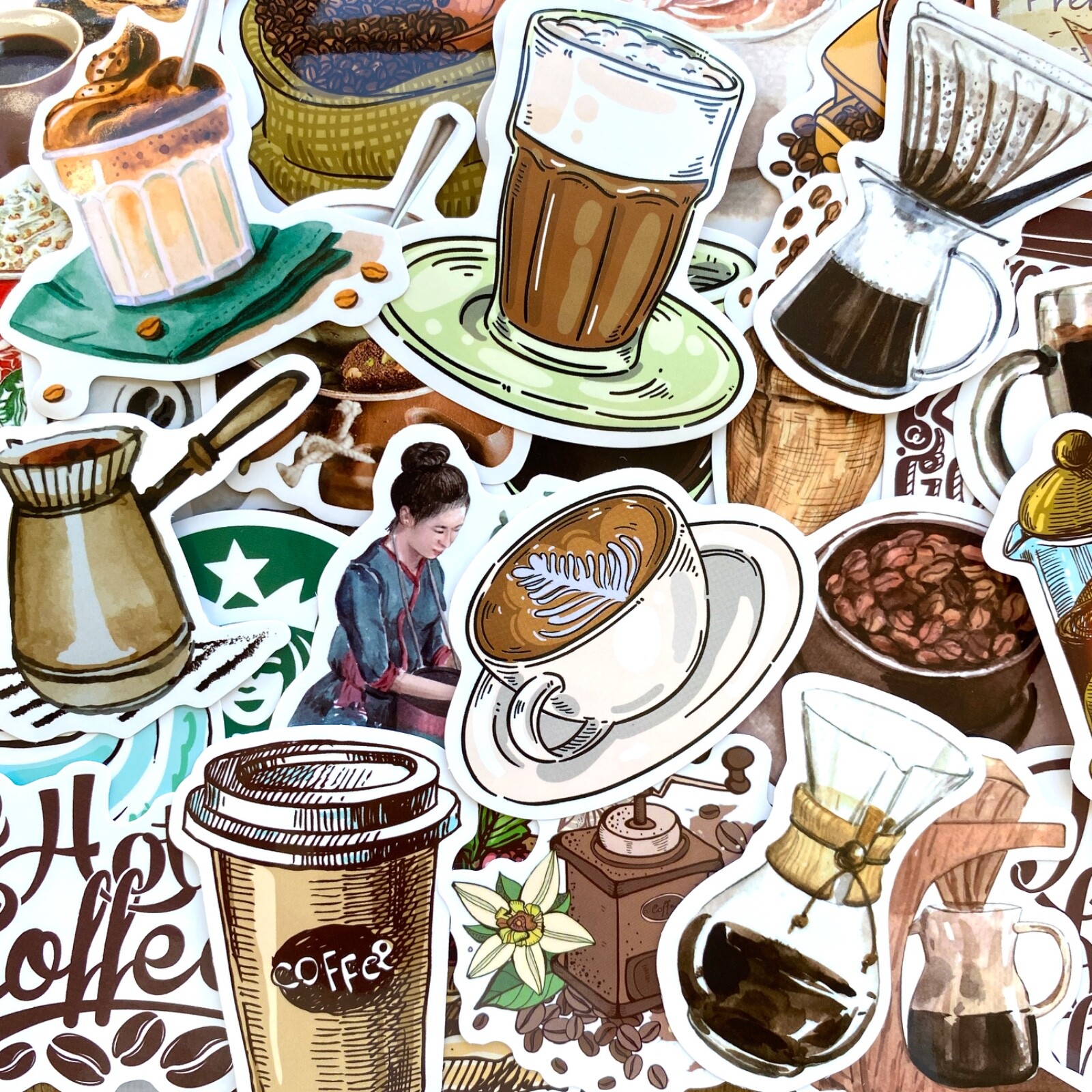 5-50 pcs Coffee Stickers, Boho Water Bottle Luggage Kindle Phone Laptop Decals