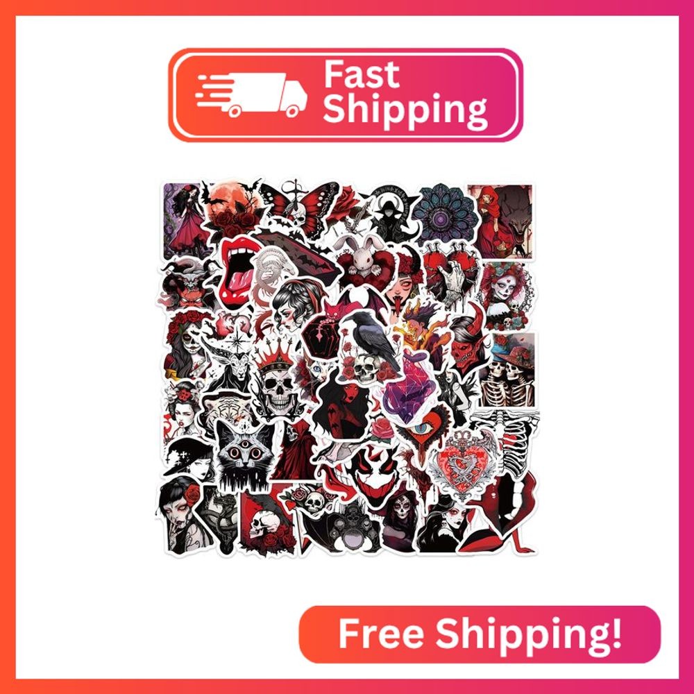 50Pcs Horror Skeleton Stickers Pack for Teens and Adults, Red Skull and The Maid